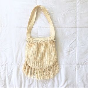 70s Vintage Knit Crochet Wooden Hobo Bag